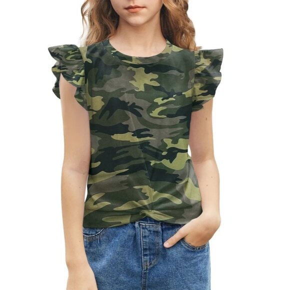 Arshiner Girls Shirt Flying‎ Short Sleeve Twist Front Blouse in Camo - Size 8-9Y - Picture 1 of 9